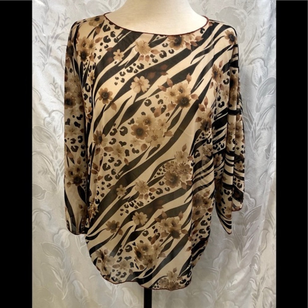 CAROLYN STRAUSS BROWN FLORAL SHEER BAT WING BLOUSE